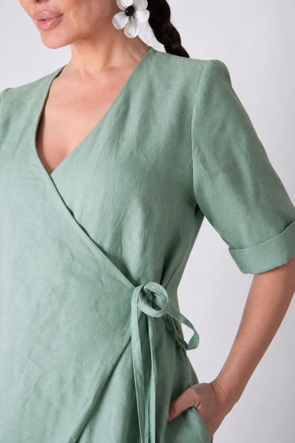 Wrap linen jumpsuit #mint-green