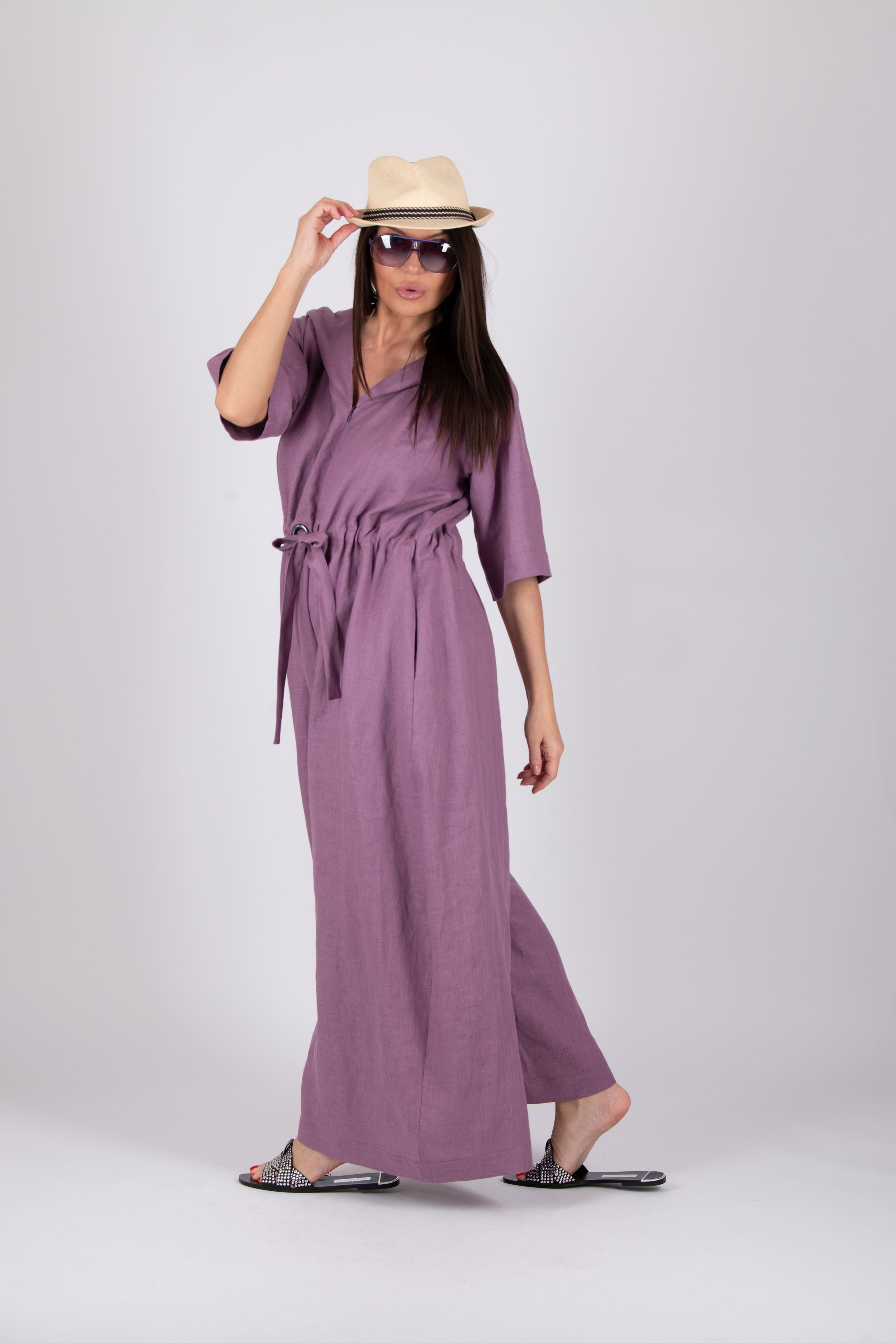 Hooded linen wide jumpsuit #smoky-purple