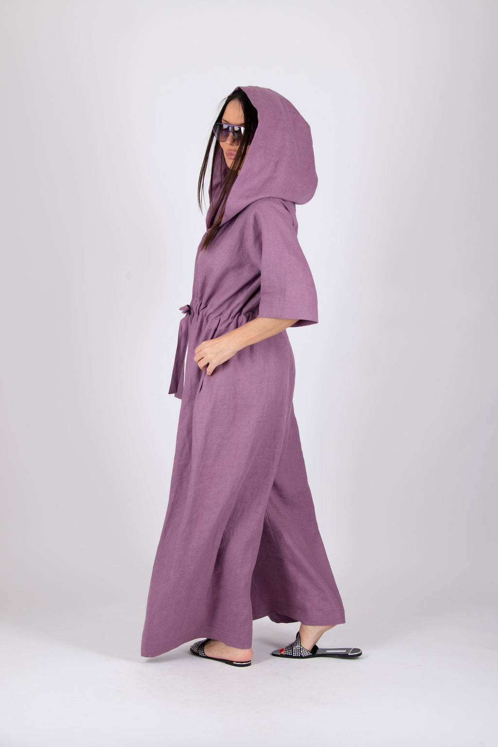 Hooded linen wide jumpsuit #smoky-purple