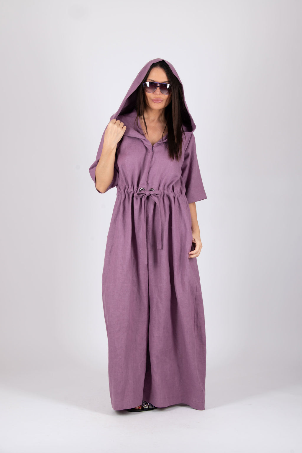 Hooded linen wide jumpsuit #smoky-purple