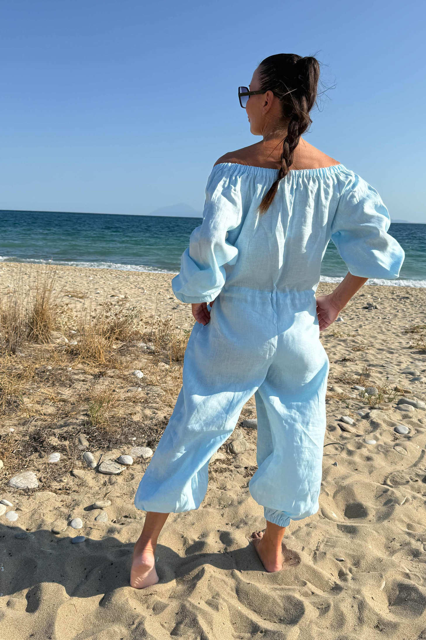 off shoulders linen jumpsuit #light-blue