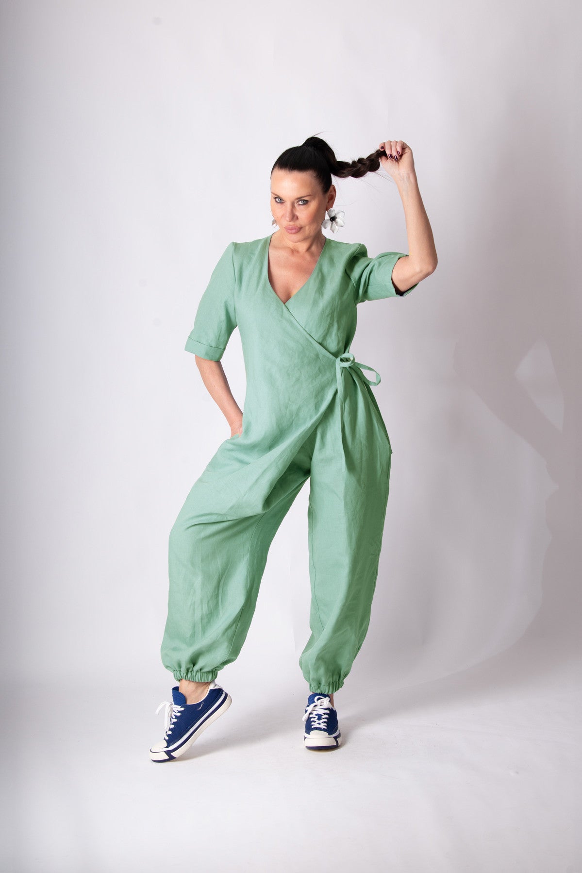 Wrap linen jumpsuit #mint-green