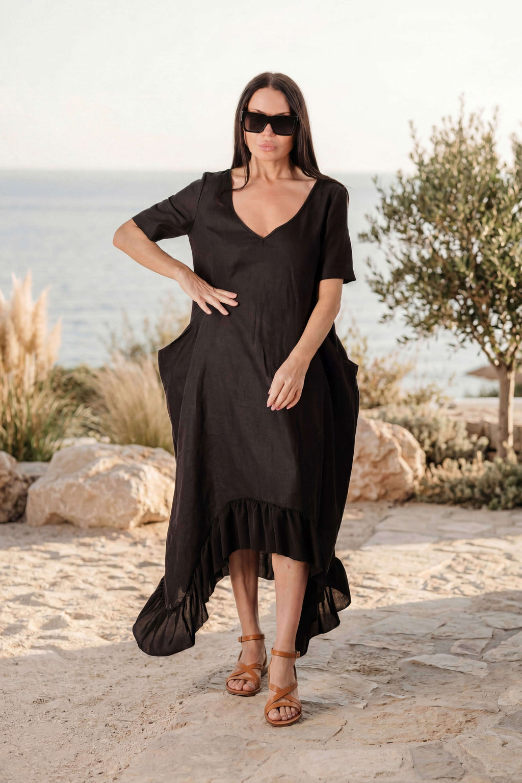 linen wide summer dress - EUG fashion #black