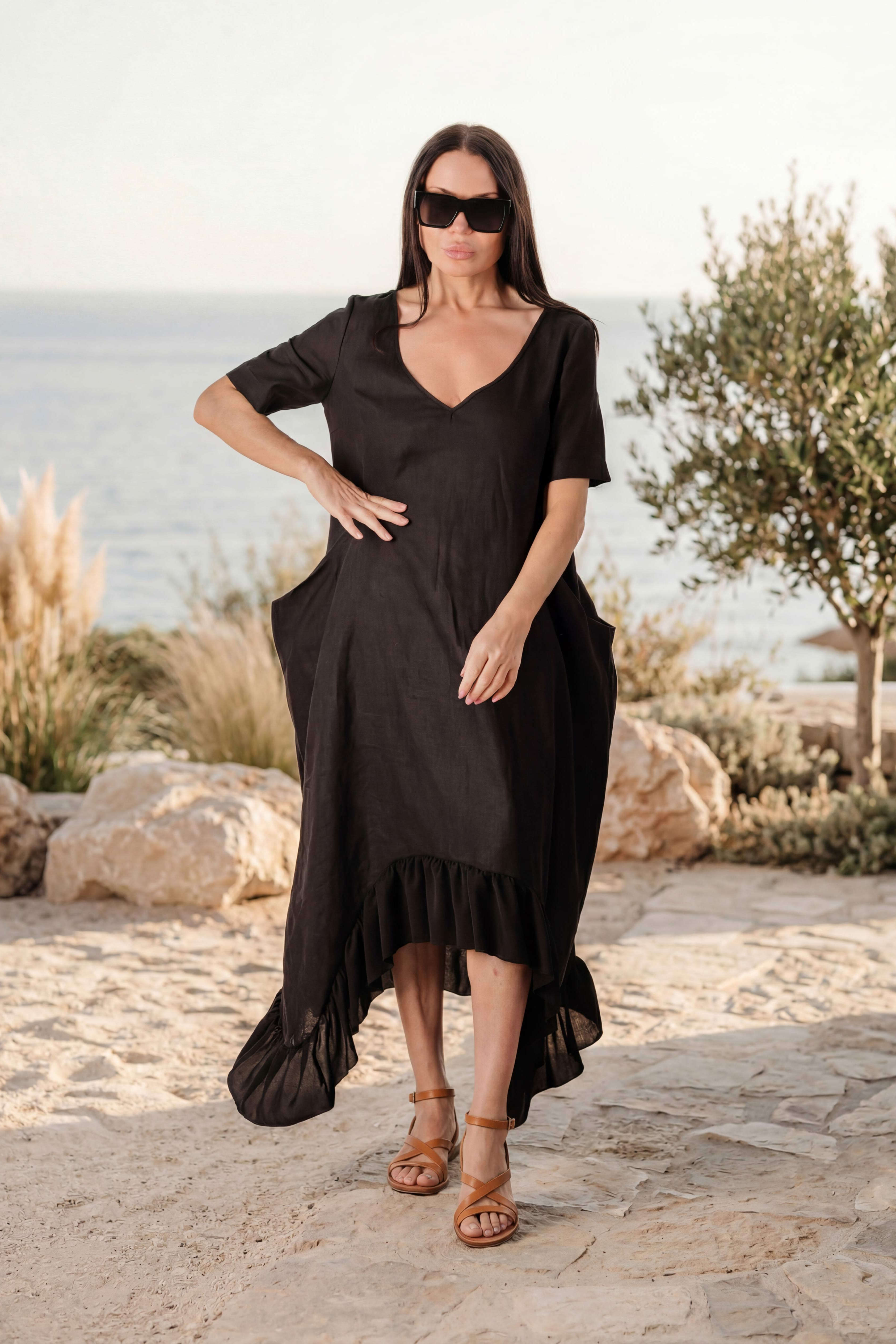 linen wide summer dress - EUG fashion #black