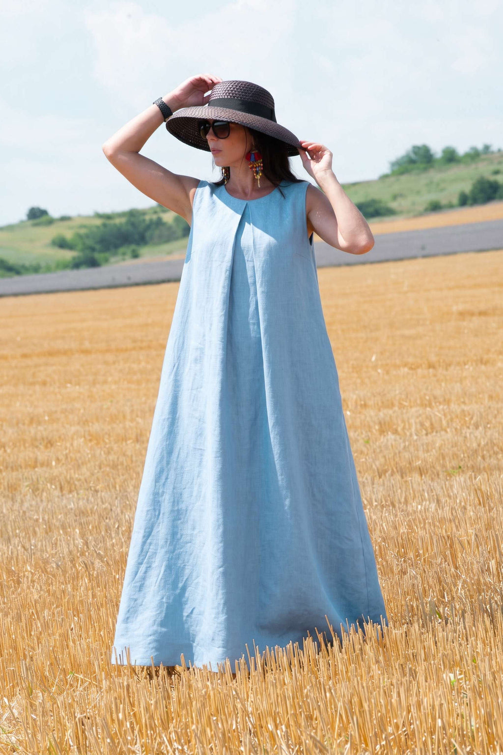Linen sleeveless dress #light-blue