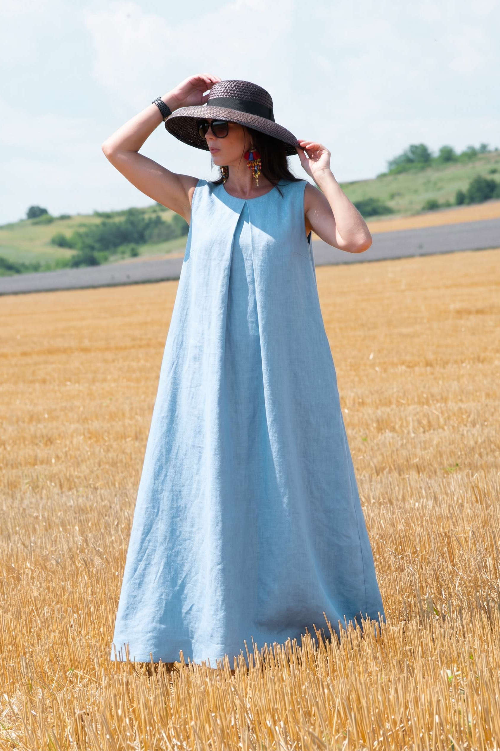 Linen sleeveless dress #light-blue