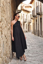 one shoulder linen dress #black