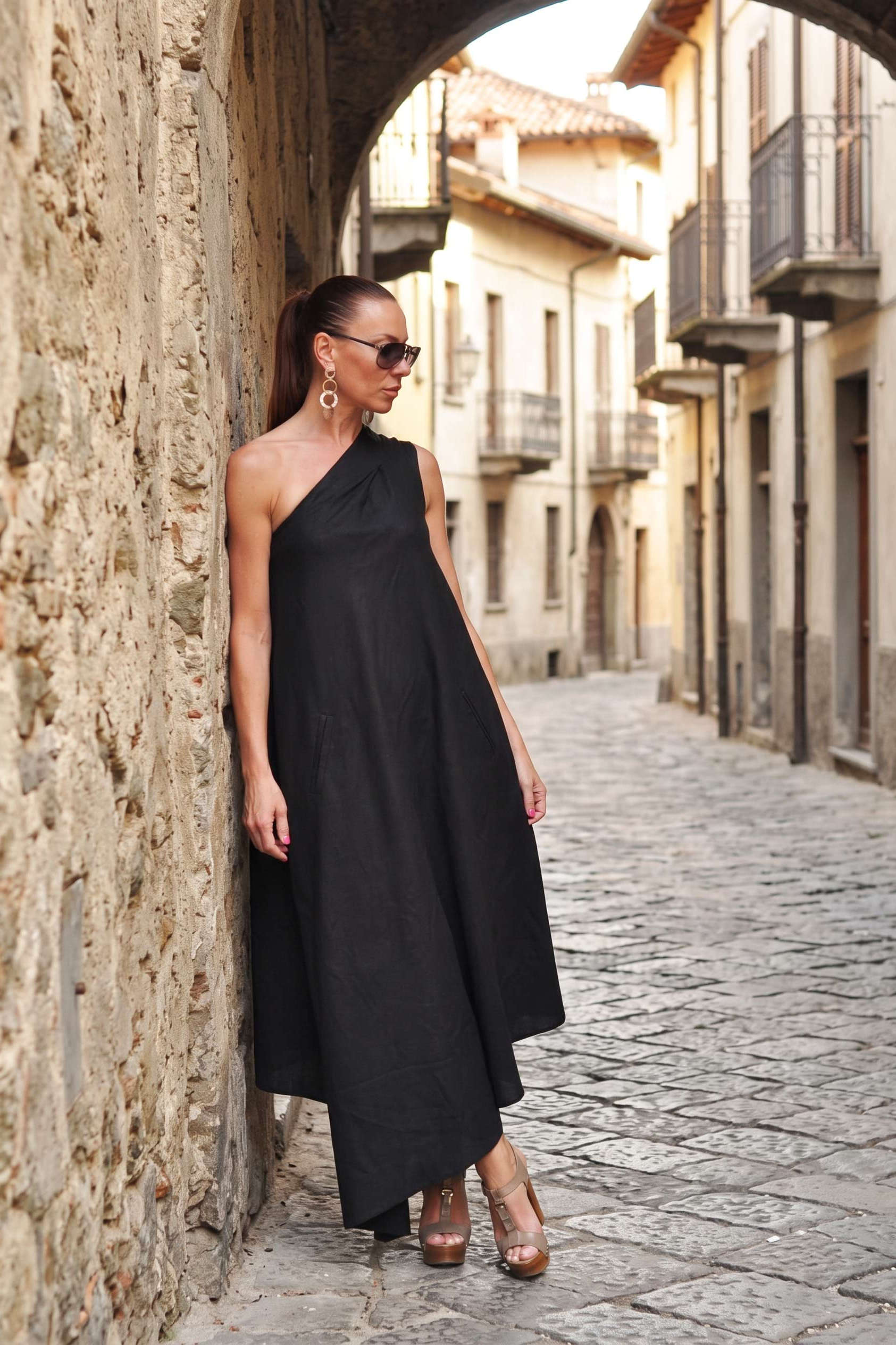 one shoulder linen dress #black
