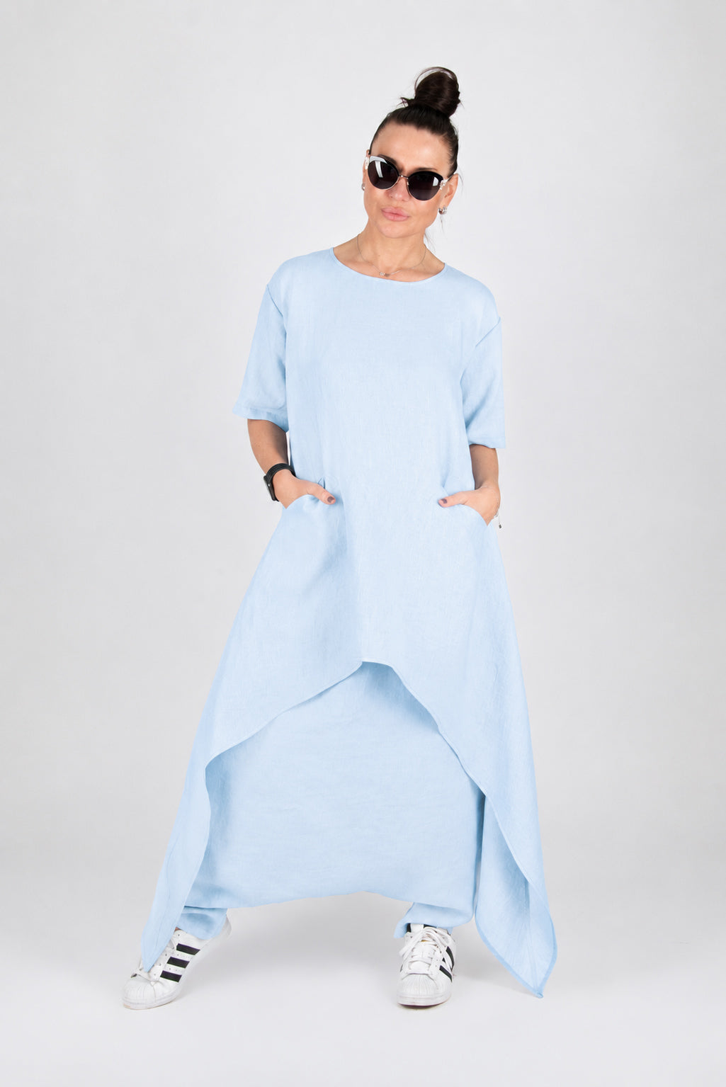 Light blue linen harem pants Lauren — EUG Fashion
