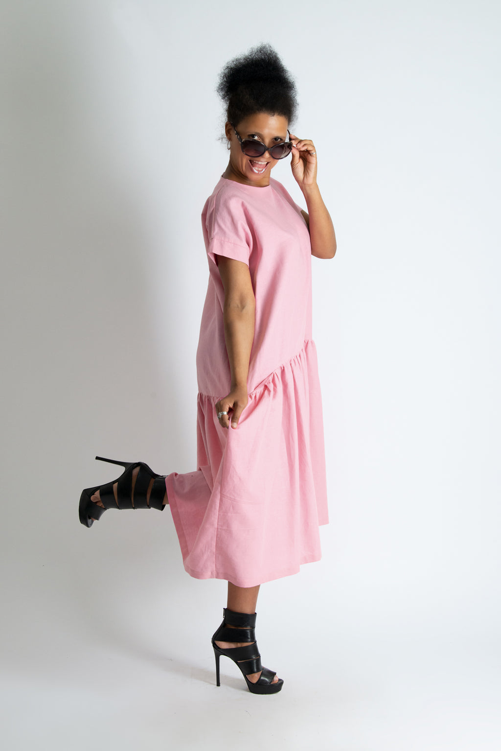 babi pink linen wide dress