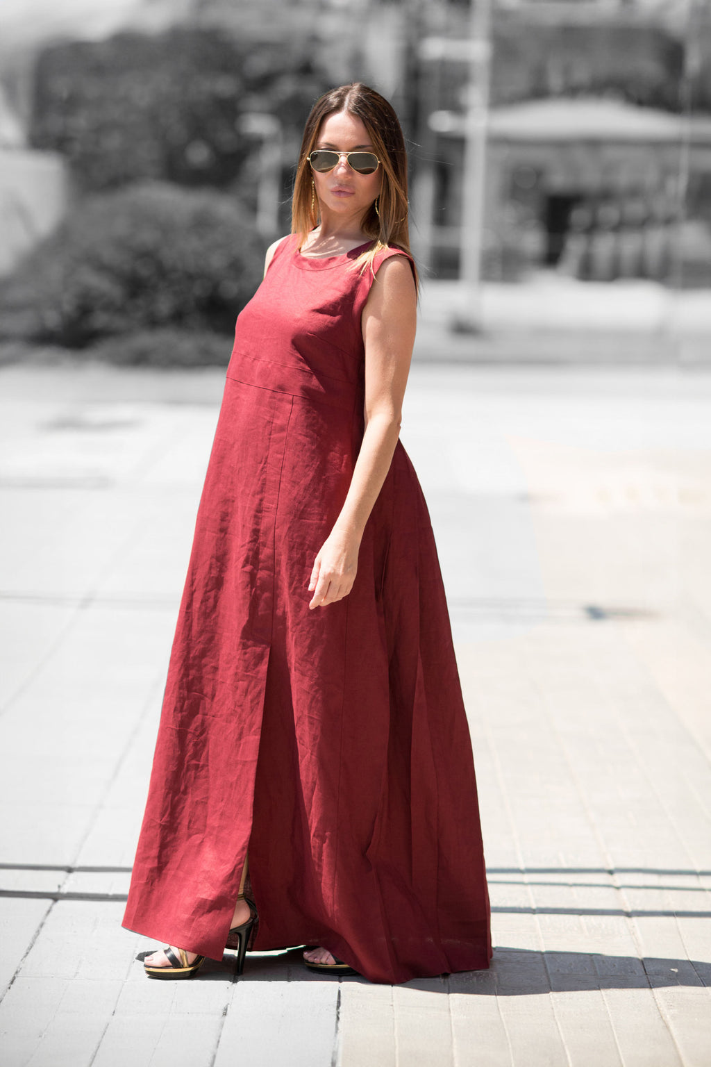 long-linen-dark-red-dress EUG fashion #dark-red