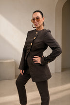 linen outfit jacket and pants EUG fashion #dark-brown