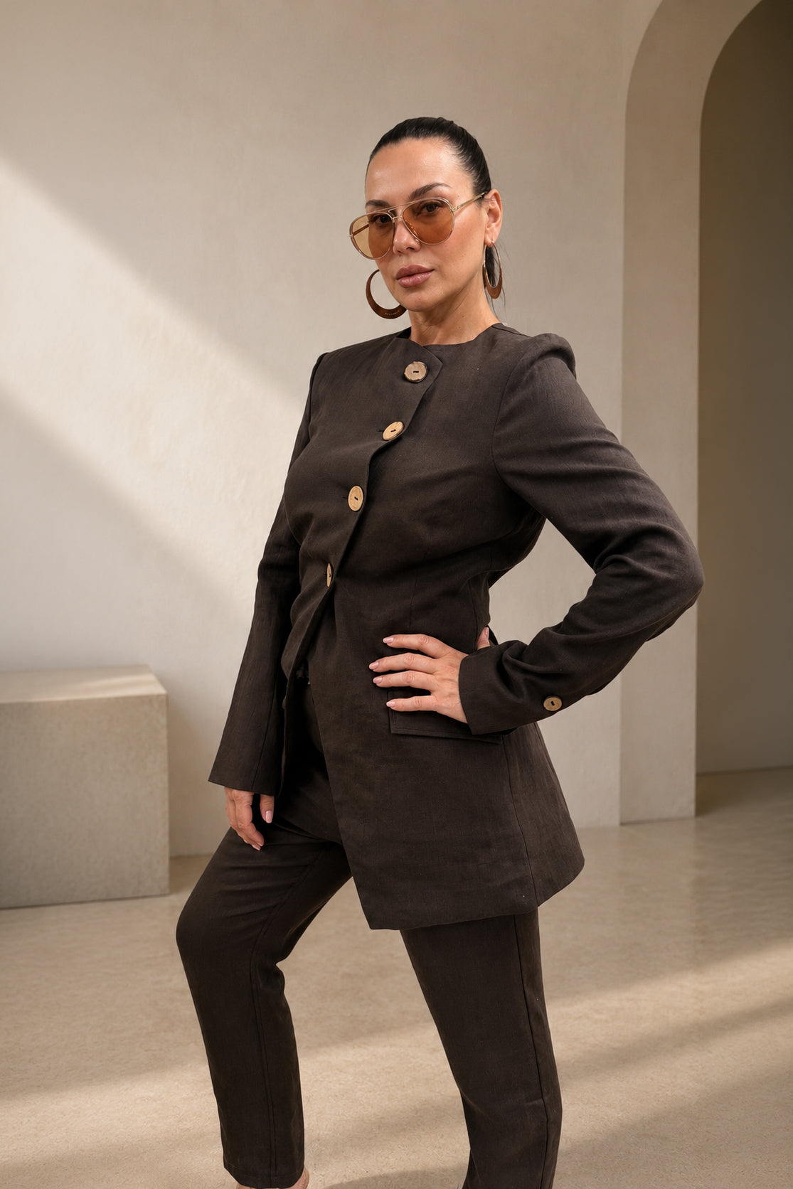 linen outfit jacket and pants EUG fashion #dark-brown