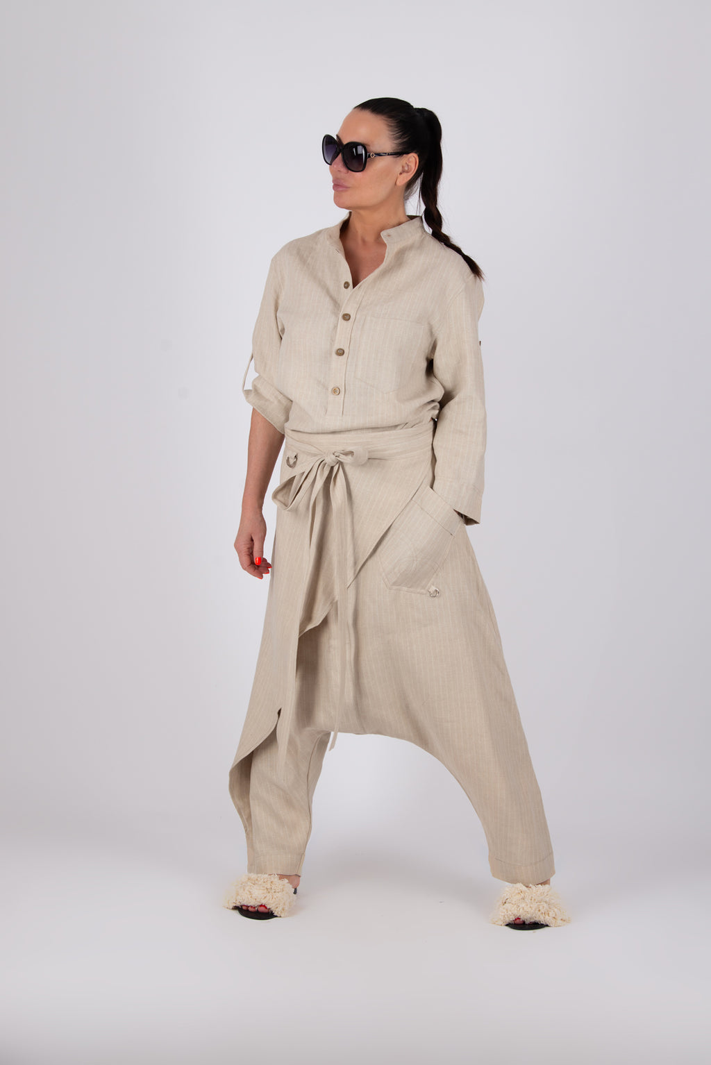 Linen Drop-Crotch Pants - Lesila