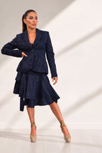 linen outfit dark blue jacket with skirt
