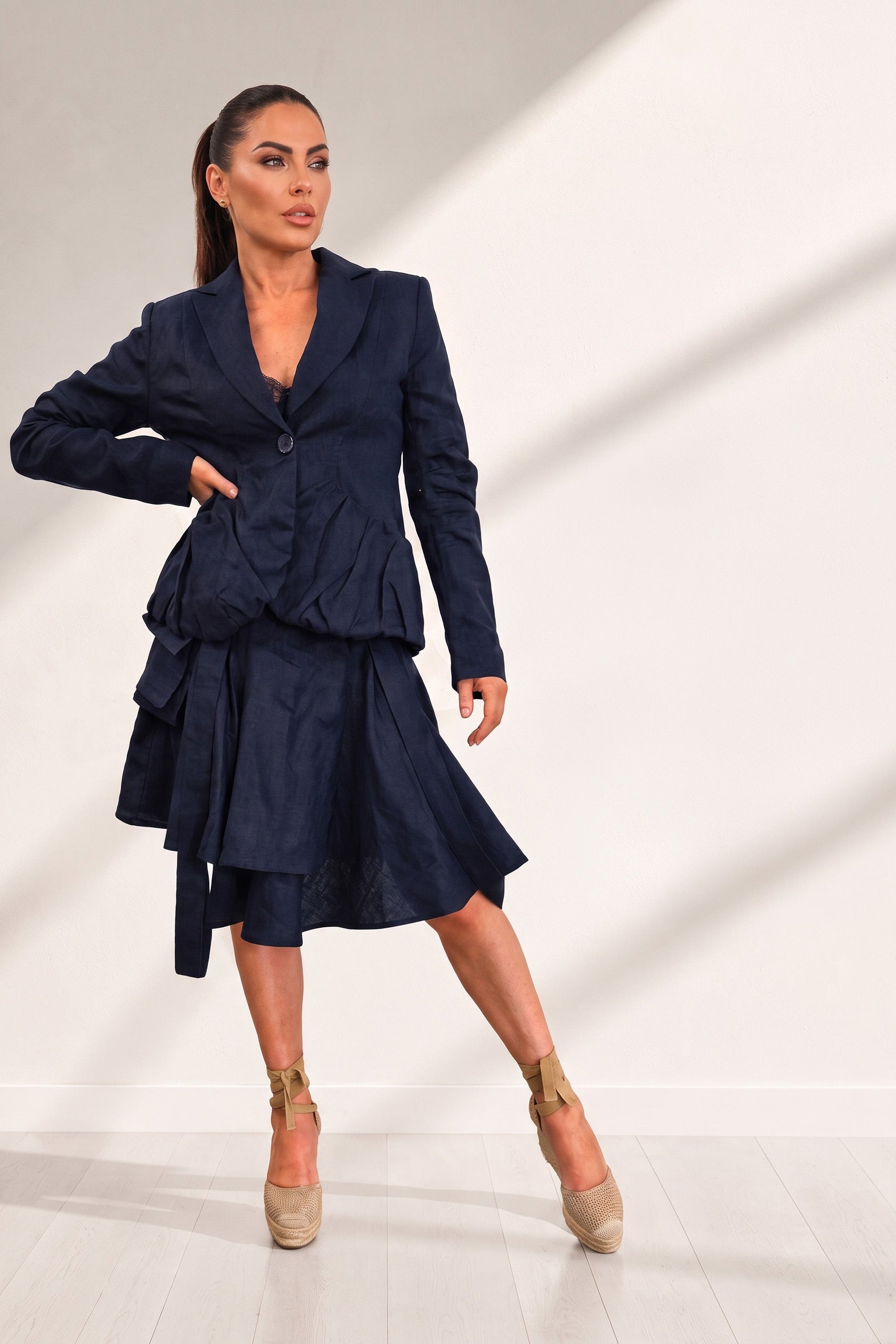 linen outfit dark blue jacket with skirt
