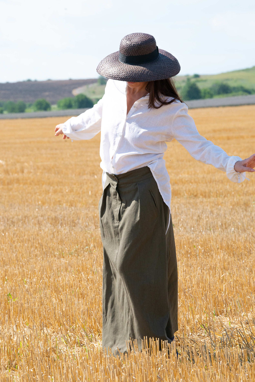 Linen long wrap skirt military green