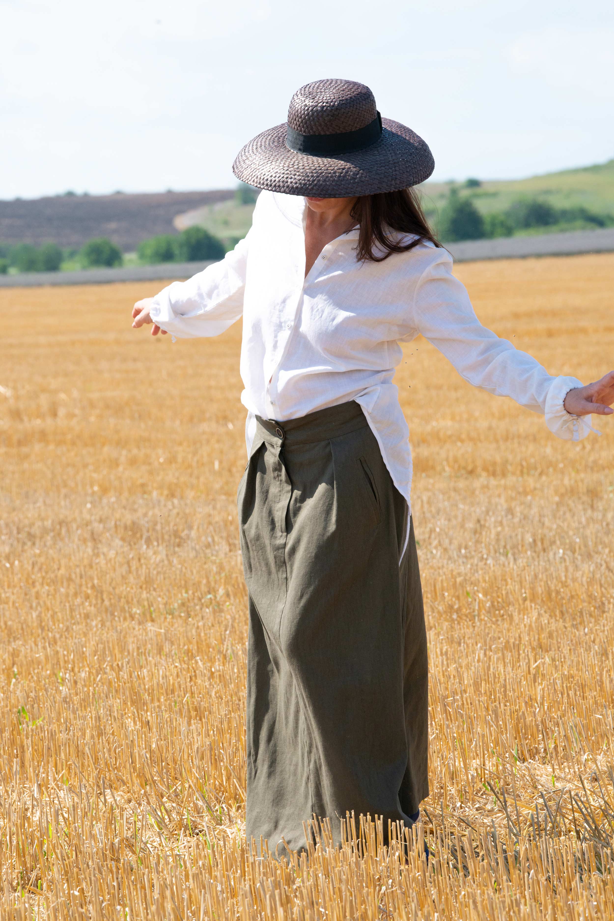 Linen long wrap skirt military green