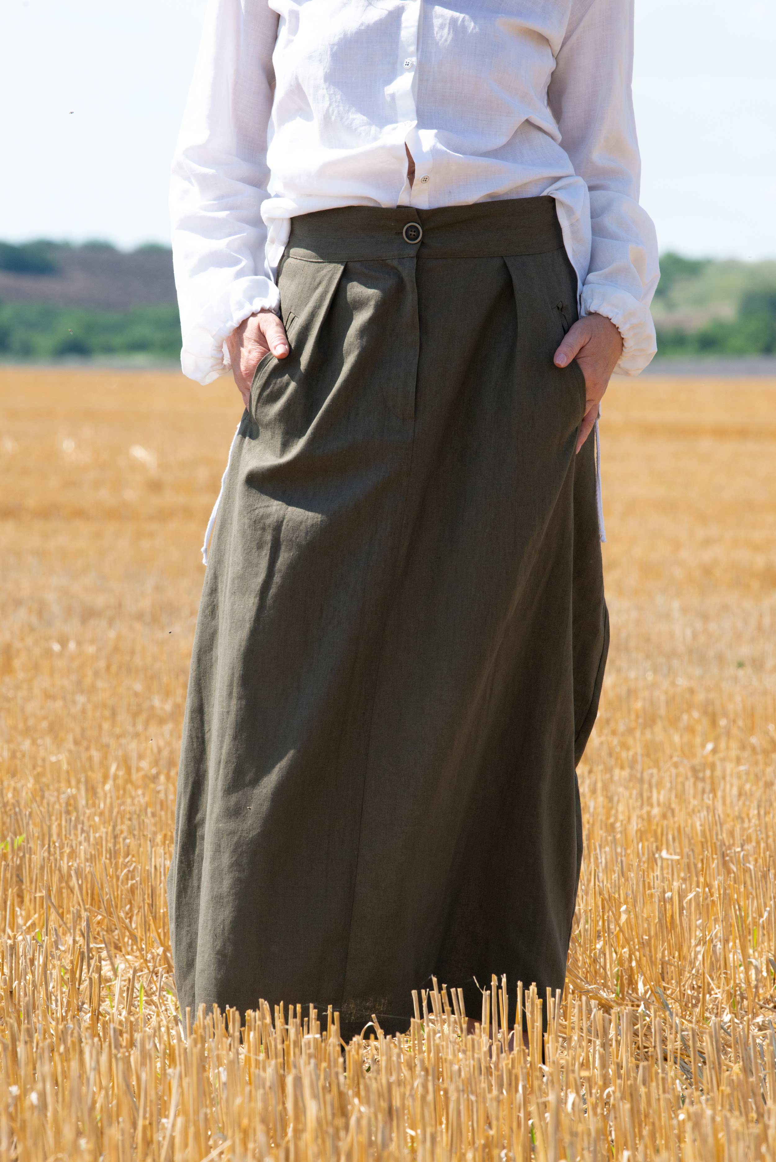 Linen long wrap skirt military green