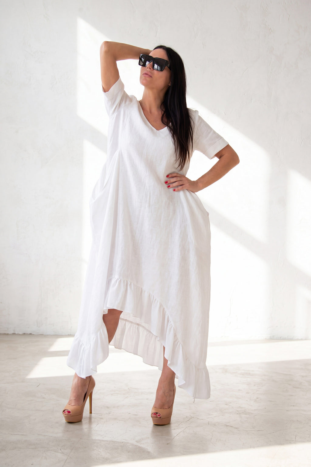 linen wide summer dress - EUG fashion #white