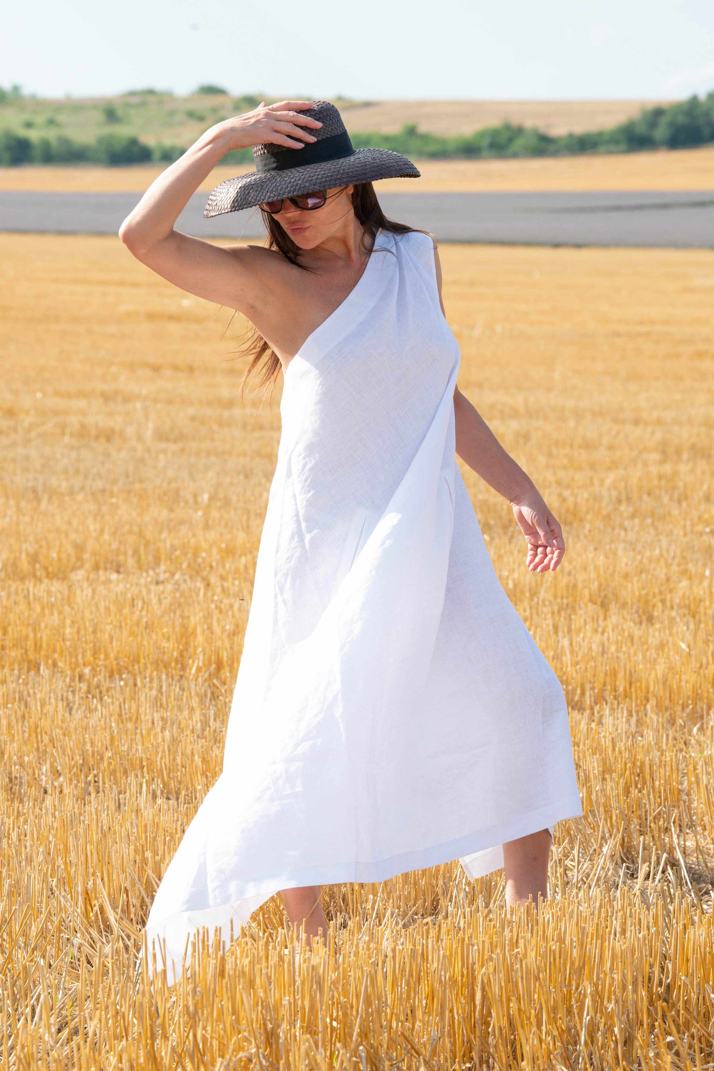 linen woman dress one shoulders  - Eug fashion #white 