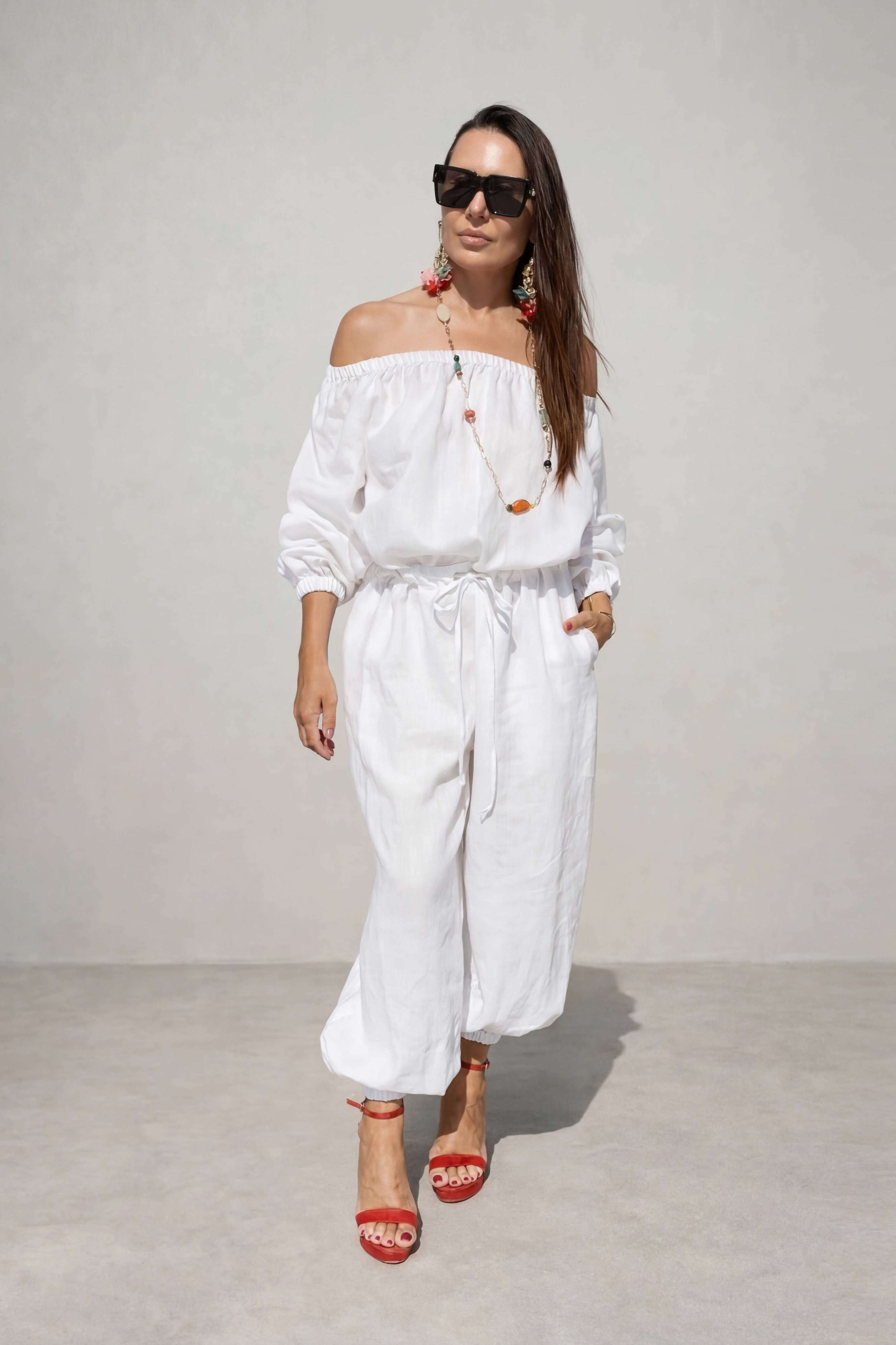off shoulders linen jumpsuit #white