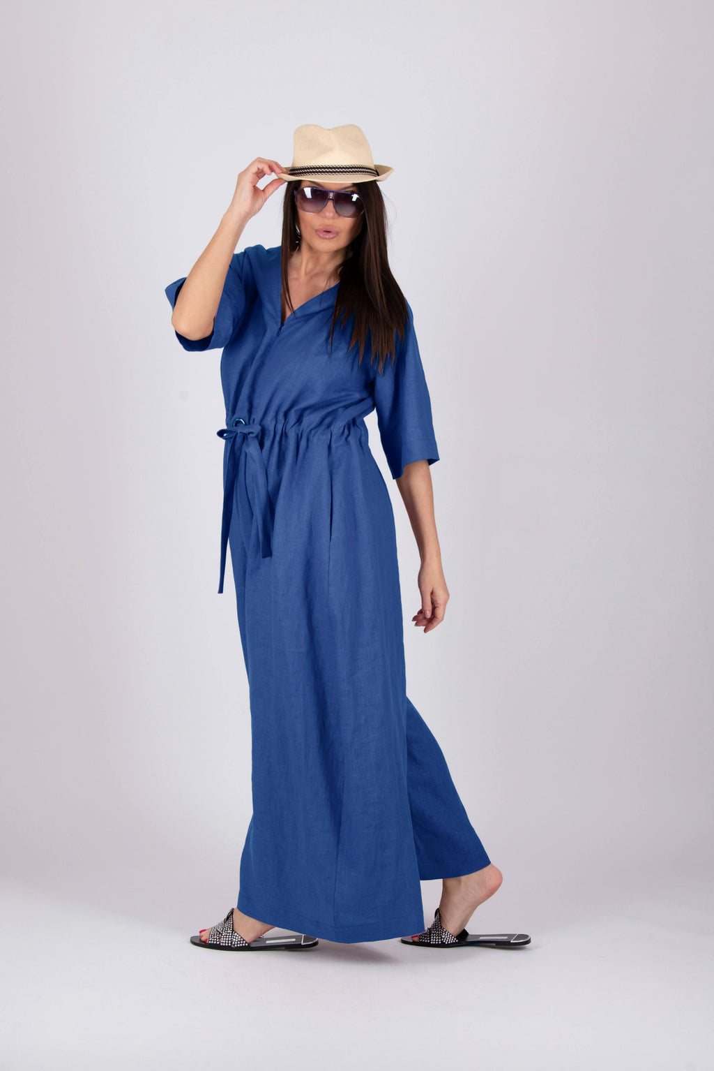 Hooded linen wide jumpsuit #blue