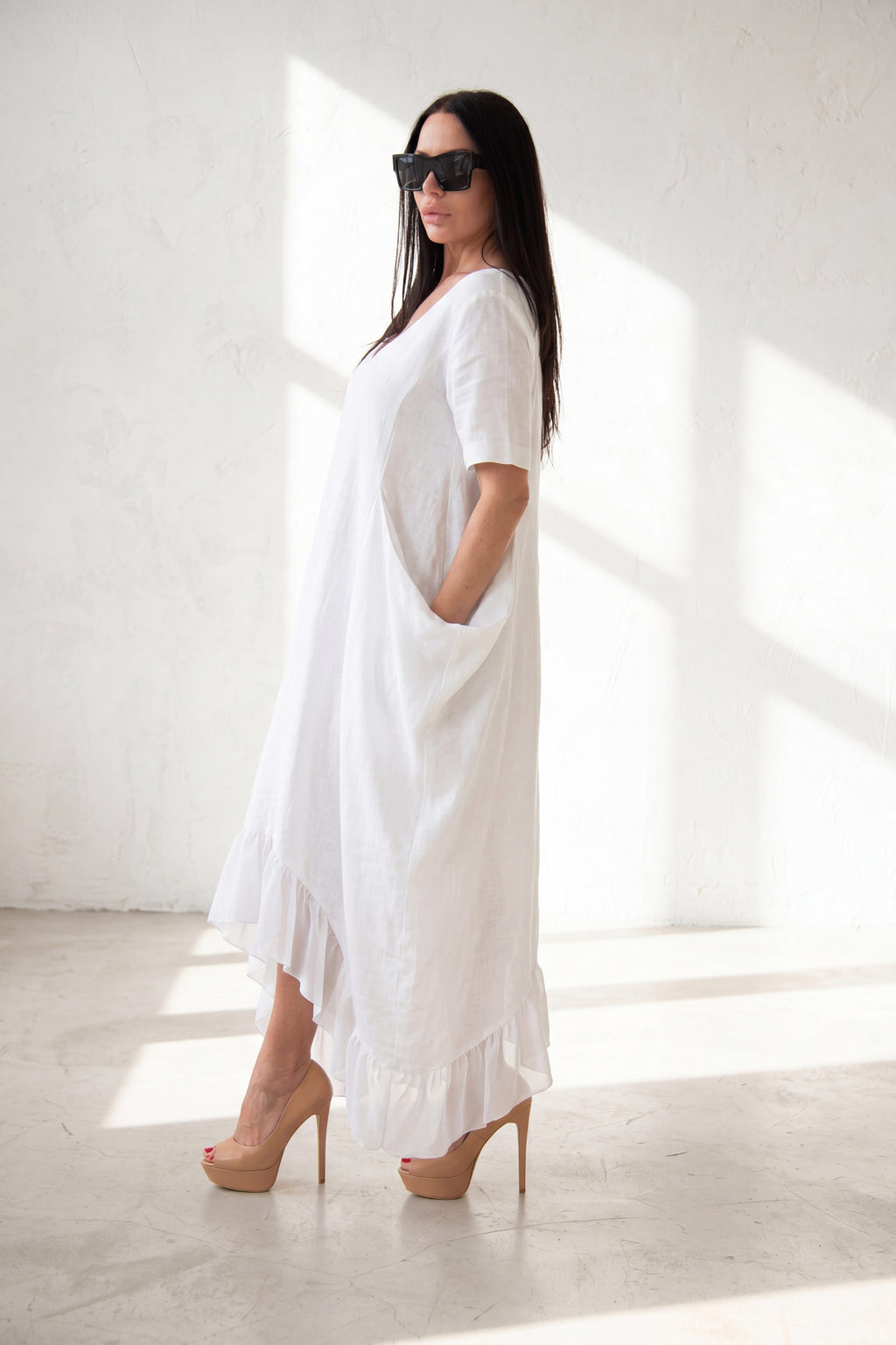 linen wide summer dress - EUG fashion #white