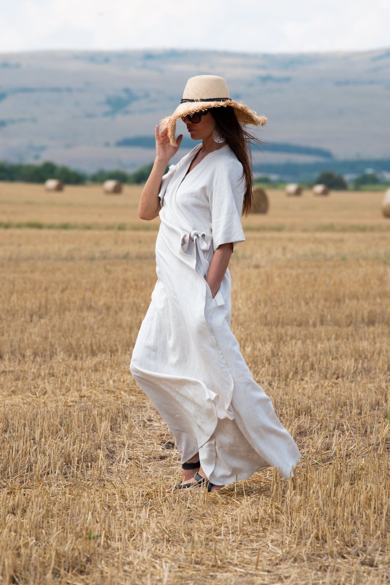 linen wrap dress - Midi Length, Perfect for Summer & Special Occasions - Dark Green - XL seam pockets and falls to a midi length with an easy Zulu Linen Wrap Dress in