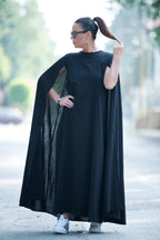 black linen cape dress - EUG fashion #black
