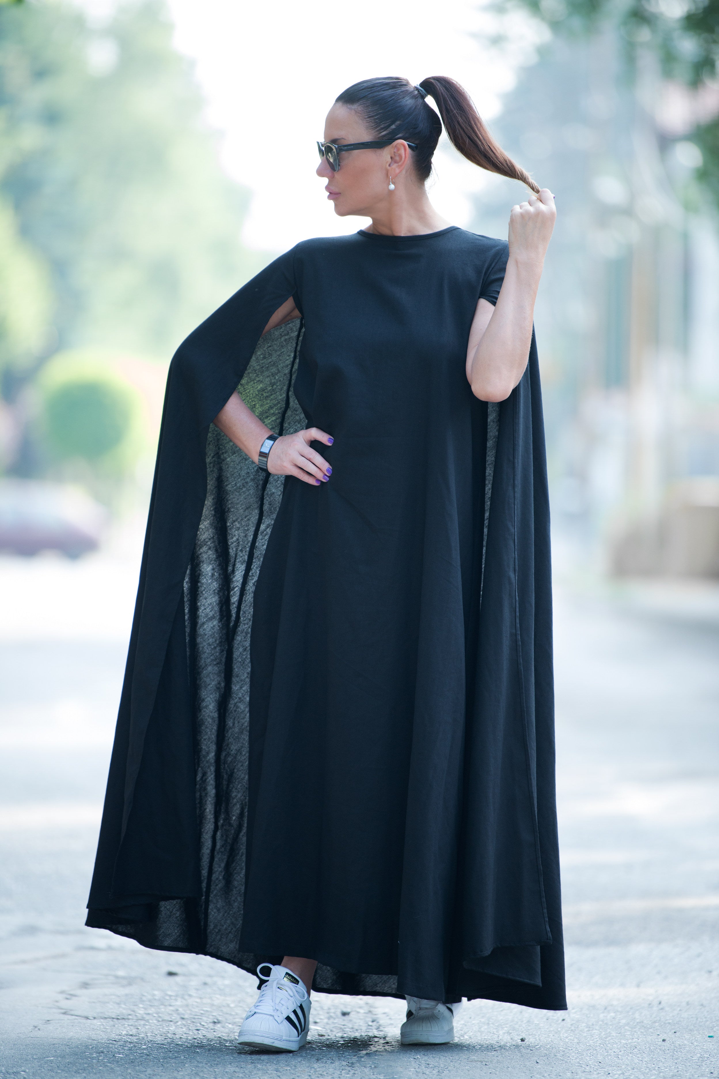 black linen cape dress - EUG fashion #black