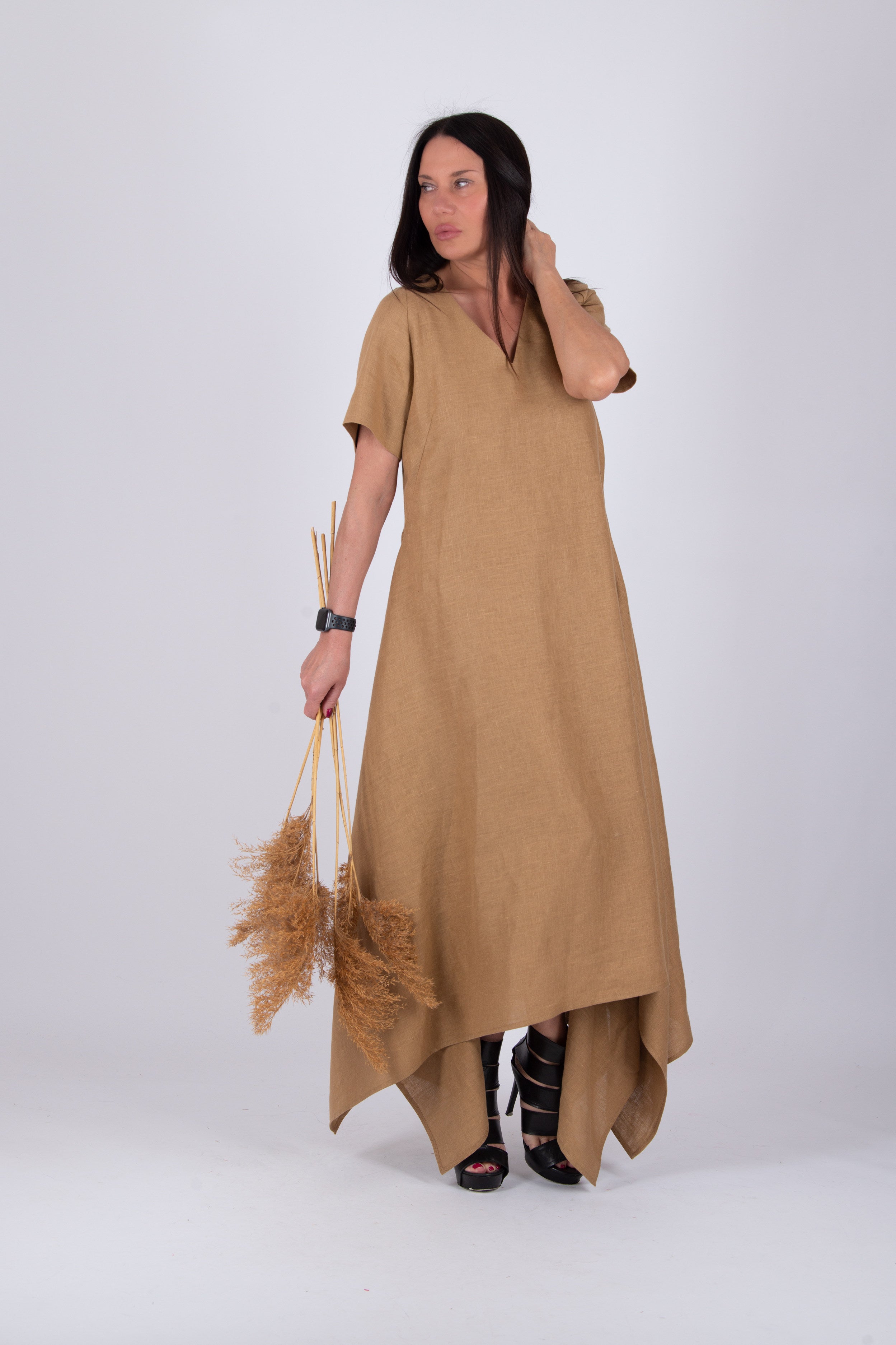 Linen a line long dress - EUG fashion #beige-sahara