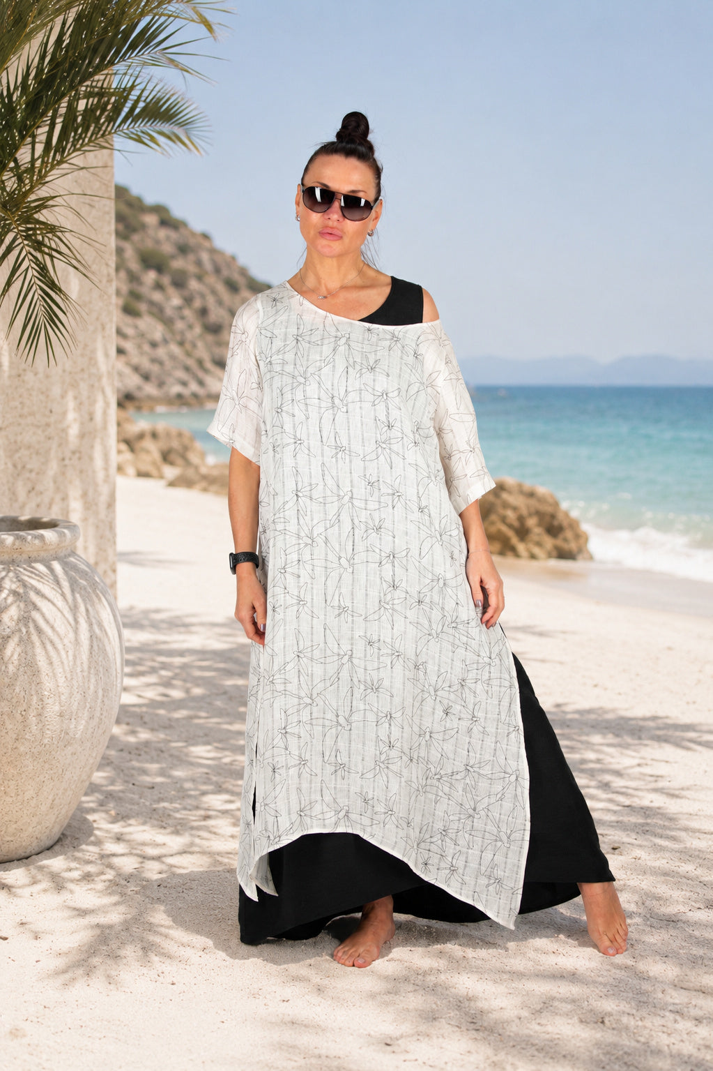 linen long a line dress - #off-white