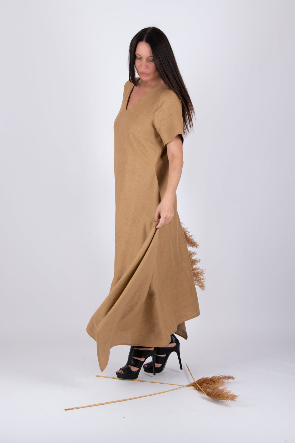 Linen a line long dress - EUG fashion #beige-sahara
