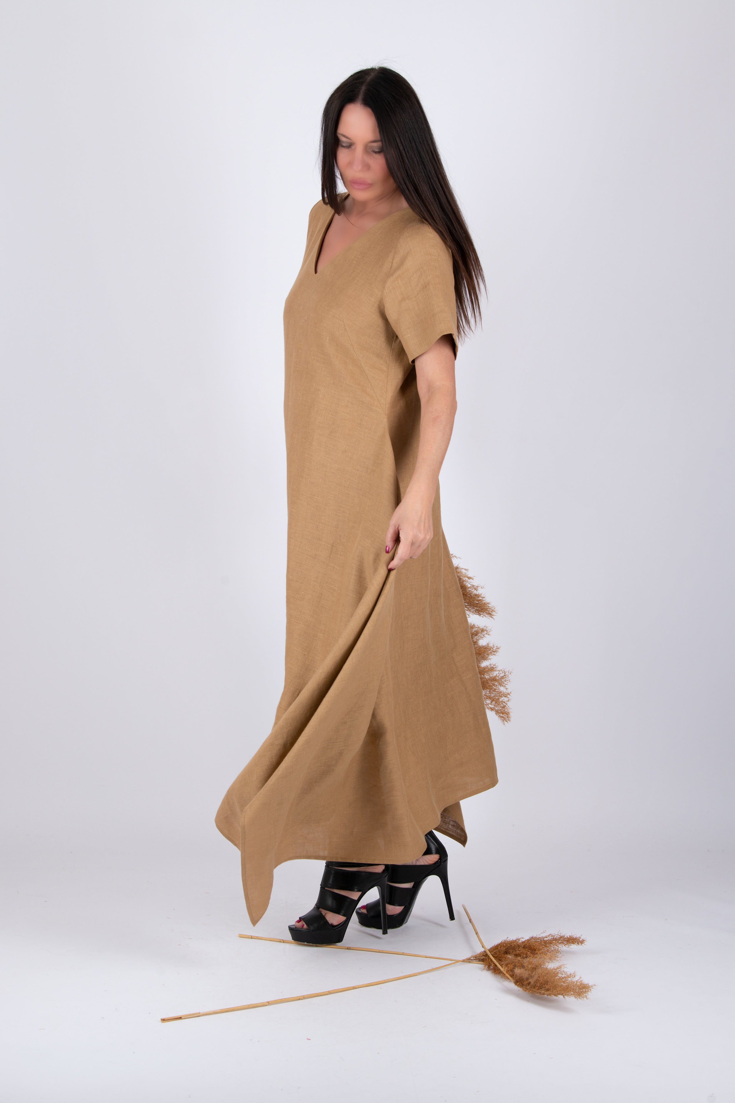 Linen a line long dress - EUG fashion #beige-sahara