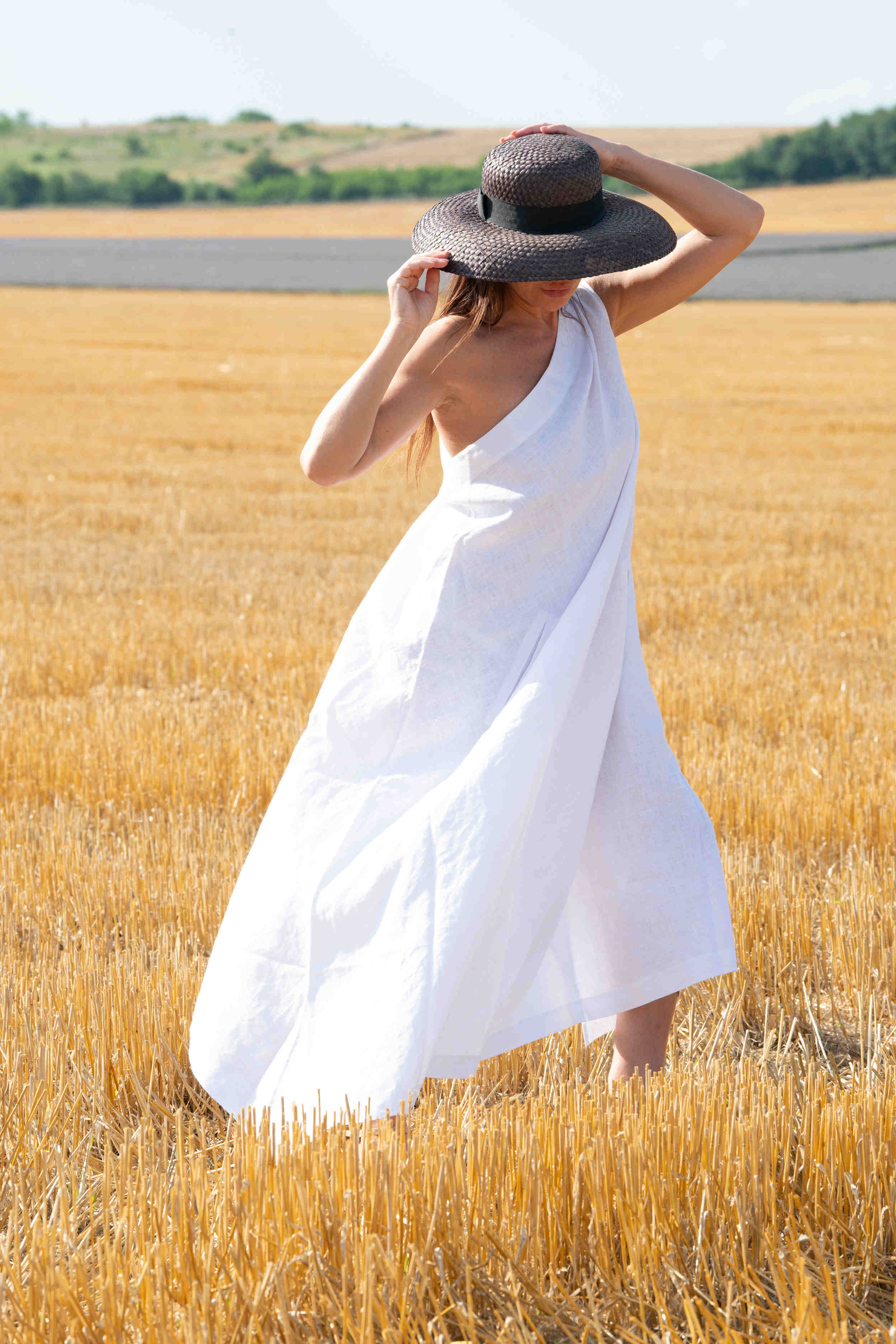 linen woman dress one shoulders  - Eug fashion #white 