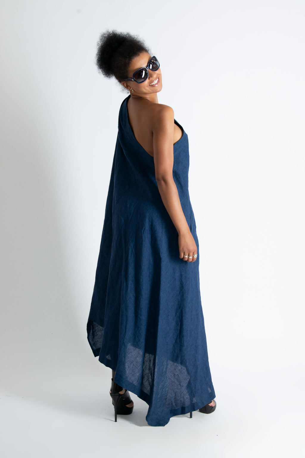 one shoulder linen dress #navy