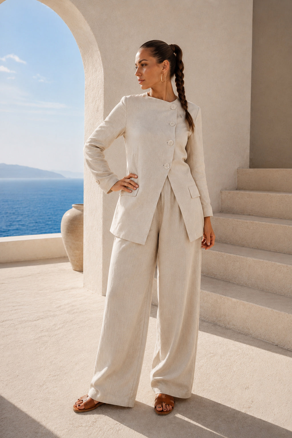 woman elegant linen boho outfit #natural
