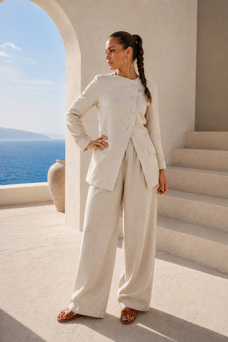 woman elegant linen boho outfit #natural