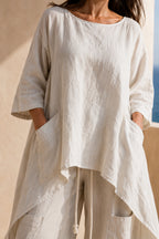 beige linen set EUG fashion