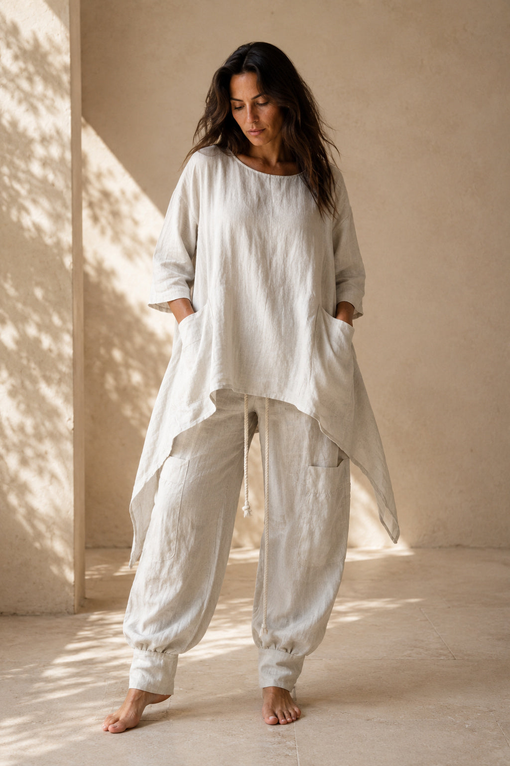 beige linen set EUG fashion