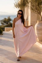 one shoulder linen dress #pink