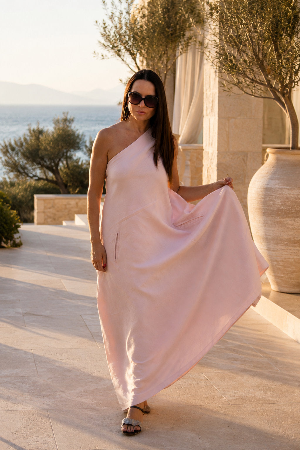 one shoulder linen dress #pink