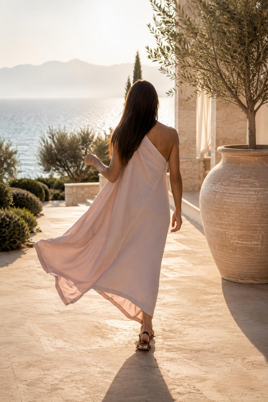 one shoulder linen dress #pink