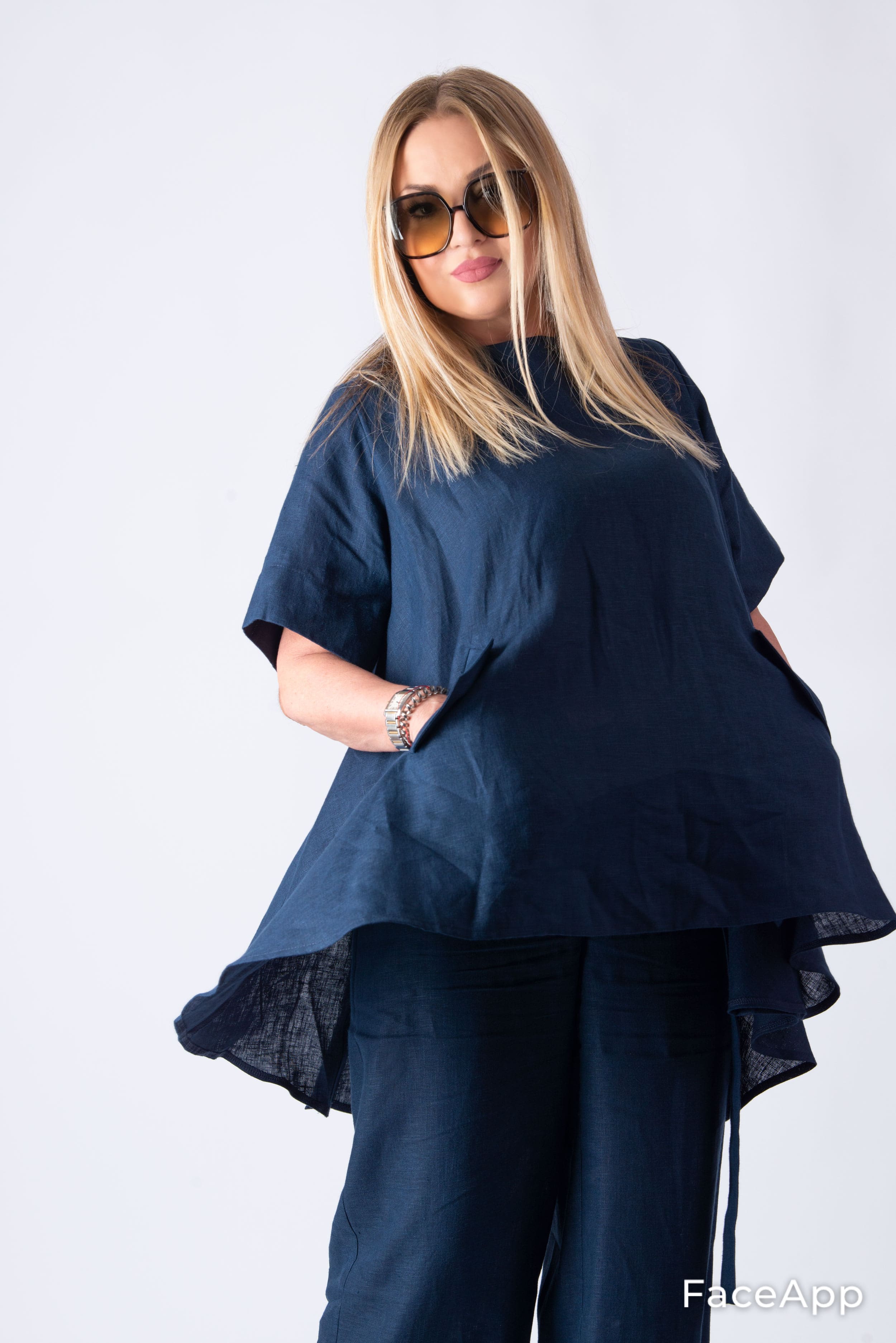 Linen outfit pants and tunic - EUG fashion #dark-blue