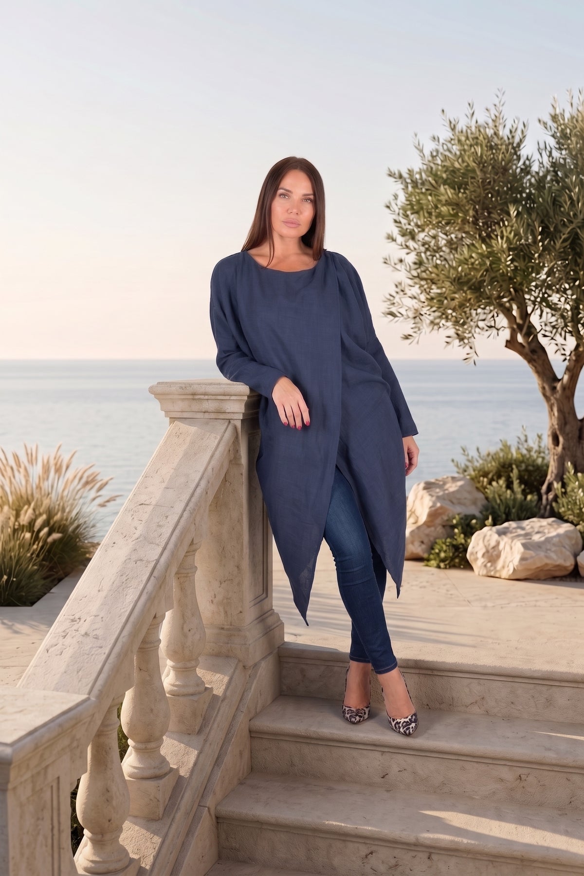 linen long sleeves top #dark-blue