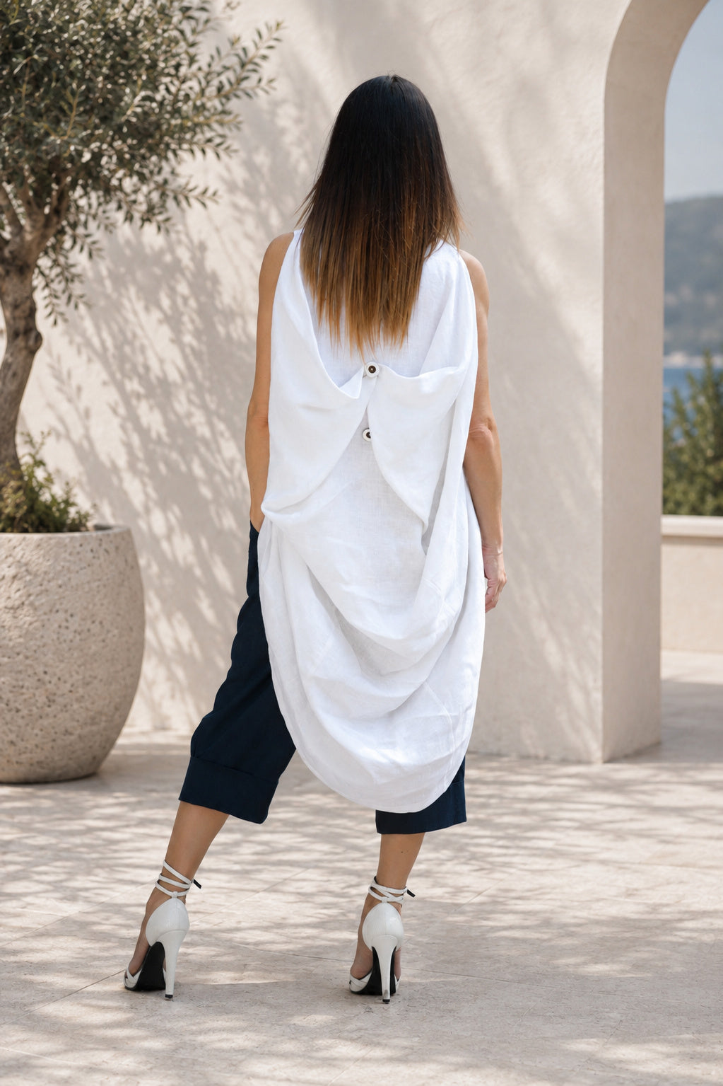 linen long loose fit top #white
