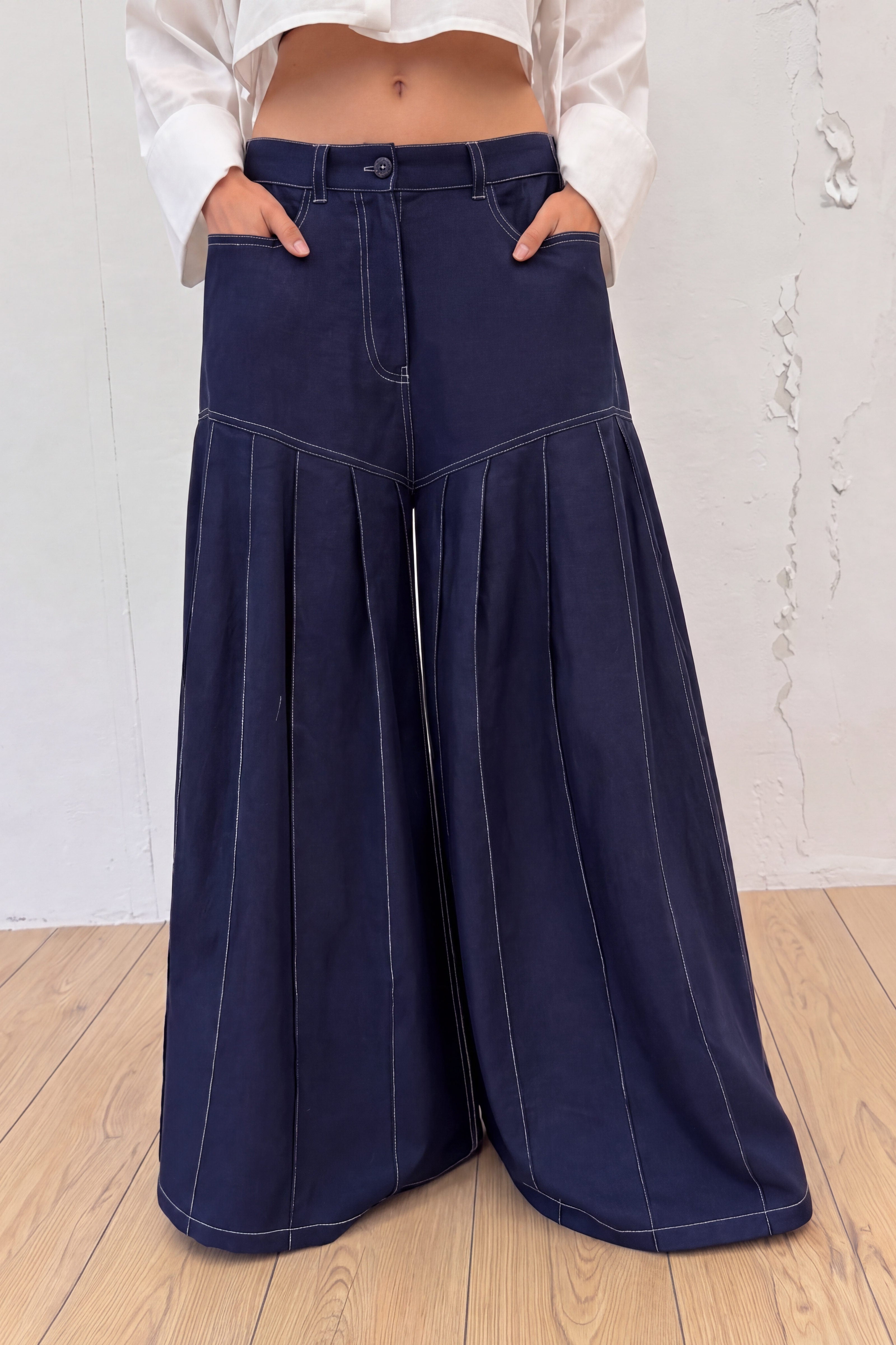 Linen wide leg pants #dark-blue