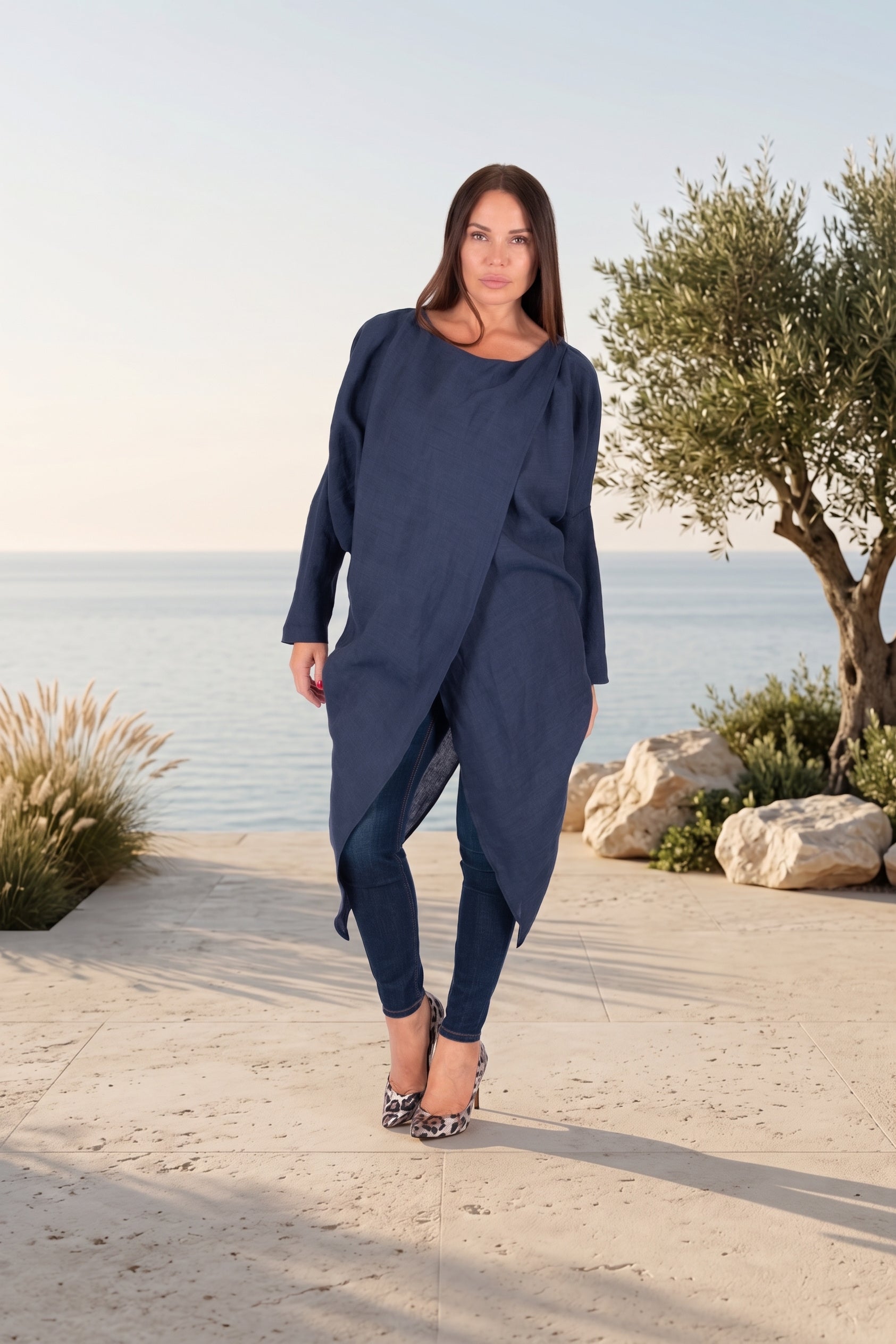 linen long sleeves top #dark-blue