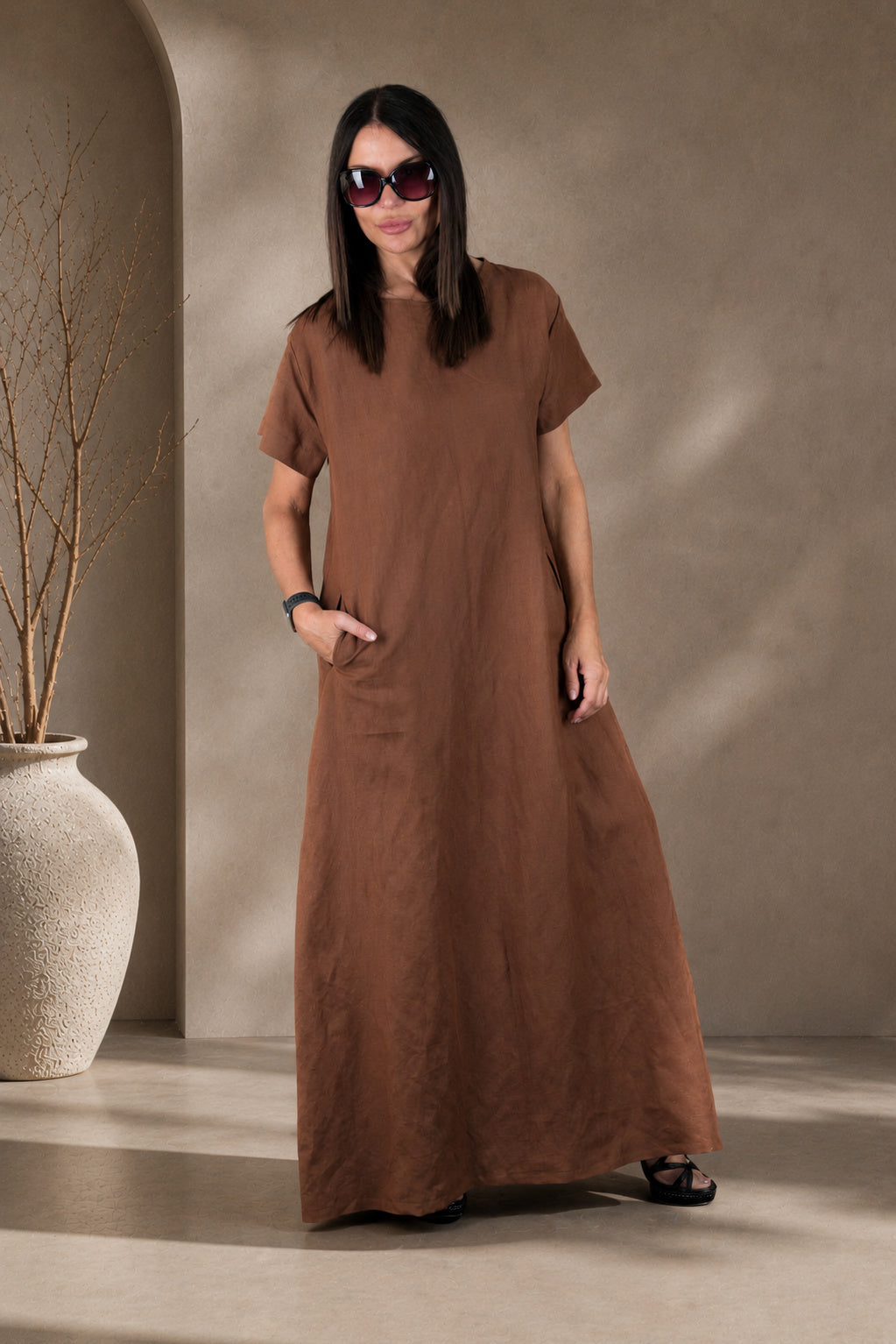linen a line dress - EUG fashion #brown